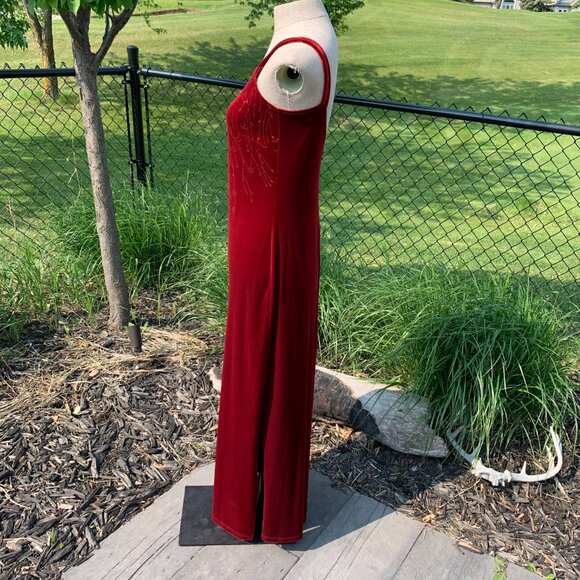 Vintage 90s Red Velvet Maxi Slip Dress Square Neck Glitter Side Slit Long Gown - Picture 7 of 16